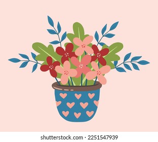 Flat vase with flowers. Bright summer blooming flowers in vases cartoon vector illustration. Design element for greeting card, invitation, print, sticker. Illustration for valentine's and birthday.