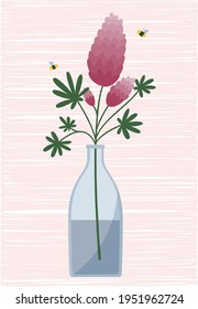 Flat vase with flowers - illustration on texture background. Vector postcard.