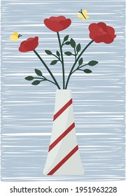 Flat vase with flowers - illustration on texture background. Vector postcard.