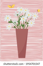 Flat vase with flowers - illustration on texture background. Vector postcard.