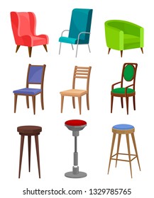 Flat vecroe set of cozy armchairs, dining chairs and bar stools. Modern furniture. Interior objects