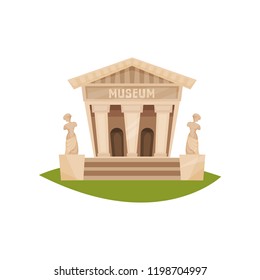Flat vecror icon of public city museum. Building exterior with title, columns and statues. Architecture theme