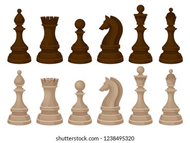 Flat vecror set of chess pieces. Brown and beige wooden figures. Strategic board game