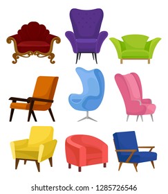 Flat vecrtor set of cozy armchairs. Retro and modern chairs with soft upholstery. Furniture for living room Flat vecrtor set of cozy armchairs. Retro and modern chairs with soft upholstery. Furniture for living room