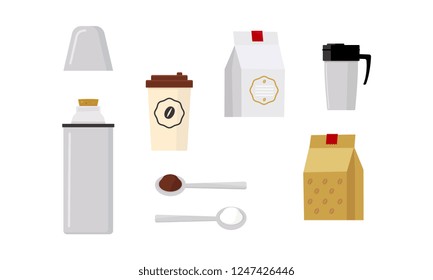Flat vecrtor set of icons related to coffee theme. Packages with coffee beans, spoons, plastic cup, vacuum metal flask