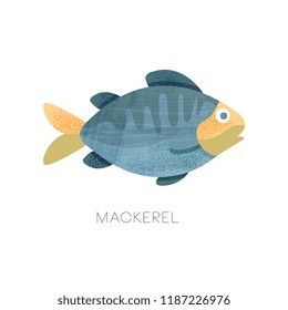 Flat vectir icon of blue mackerel with texture. Predatory fish. Marine animal. Seafood theme