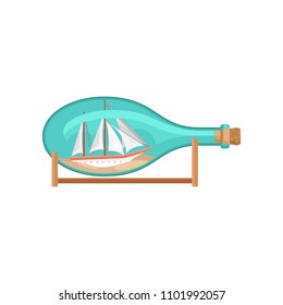 Flat vectir icon of glass bottle on wooden stand with ship and sand inside. Model of sailing craft