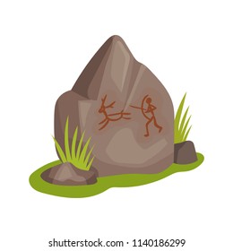 Flat vectir icon of large stone with drawing on green grass. Prehistoric rock-painting. Ancient man hunting for animal. Stone Age theme