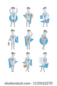 Flat vectoe set of businessman in different actions. Man carrying stack of paper, holding clipboard, walking with briefcase