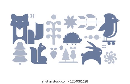 Flat vectoe set of cute forest elements. Wild animals, seeds, trees and leaves. Design for postcard or children book