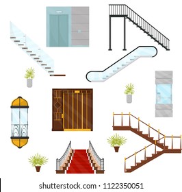 Flat vectoe set of different elevators and stairs. Cabins of mechanical lifts, modern staircases and moving stair. Architectural elements