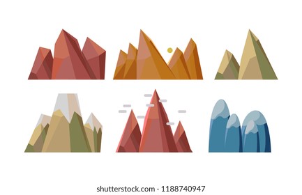 Flat vectoe set of different rocky mountains. Nature landscape elements for mobile game background