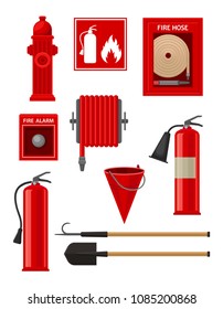 Flat vectoe set of firefighting items. Fireman tools. Hydrant, hose, fire extinguisher sign and alarm, handle instruments and red bucket