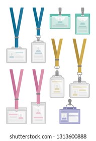 Flat vectoe set of ID card holders templates. Employees identification badges with neck straps and metal clips.
