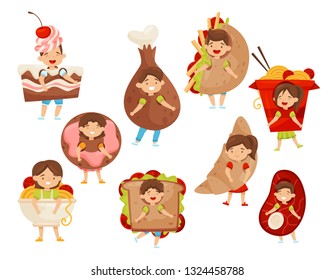 Flat vectoe set of kids wearing fast food costumes. Funny little boys and girls. Cartoon children characters