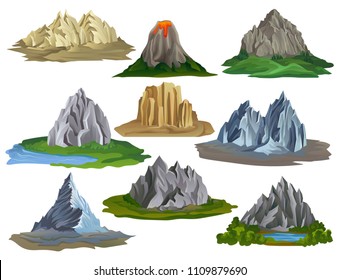 Flat vectoe set of natural landscape elements. Large mountains surrounded with green grass and small lakes, volcano with flowing lava