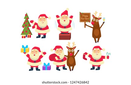 Flat vectoe set of Santa Claus in different actions. Funny reindeer, green fir tree and Christmas gifts