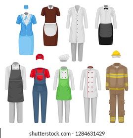 Flat vectoe set of staff clothing. Clothes of restaurant workers, maid, stewardess, firefighter. Male and female garment