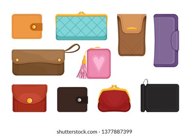 Flat vectoe set of stylish wallets. Pocket-sized holder for money and plastic cards. Small women bag to carry everyday personal items