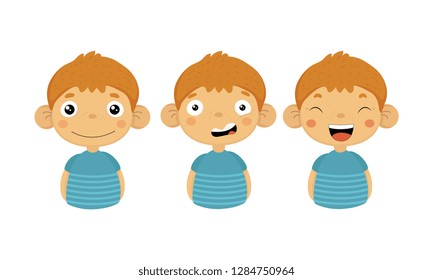 Flat vectoer set of little boy with different emotions. Smiling, confused and laughing. Cute kid character