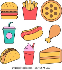 Flat vector of 9 fast food items including burger, fries, soda, hotdog, pizza, donut, and more. Perfect for food banners, restaurant ads, and delivery app graphics.