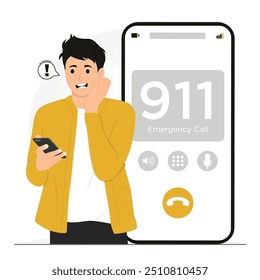 Urgencia de llamada de emergencia del Vector 911 preocupado hombre de pánico hablando por teléfono necesita ayuda