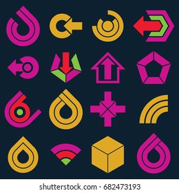 Flat vector abstract shapes, different business icons and design elements collection. Geometric abstract arrows for use as navigation pictograms and app buttons.