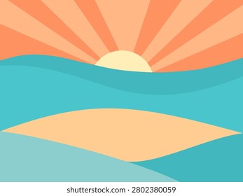 Flat Vector Abstract Summer Landscape Illustration with Wavy Hills and Sunburst Rays Background