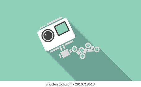 Flat vector action camera icon with a flexible mount on a mint green background with a modern long shadow.