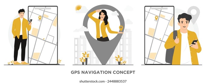 Flat vector address gps navigator service searching for location directions concept illustration