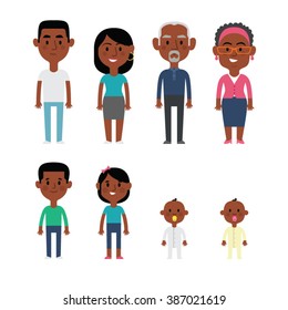 Flat vector african american family members. Parents, grandparents, children and baby.