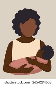 Flat vector of an African American mother holding a baby. Ideal for family illustrations, motherhood content, parenting visuals, and baby care designs.