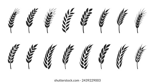 Flat Vector Agriculture Wheat, Cereal Ear Icon Set Isolated. Organic Wheat, Rice Ears. Design Template for Bread, Beer Logo, Packaging, Labels for Farming, Organic Food Concept