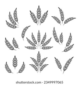 Flat Vector Agriculture Wheat Icon Set Isolated, Organic Wheat, Rice Ears. Design Template for Bread, Beer Logo, Packaging, Labels
