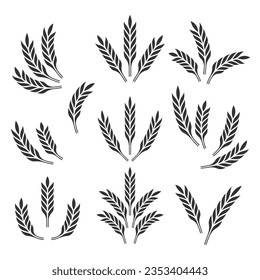Flat Vector Agriculture Wheat Icon Set Isolated, Organic Wheat, Rice Ears. Design Template for Bread, Beer Logo, Packaging, Labels