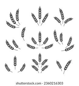 Flat Vector Agriculture Wheat Icon Set Isolated, Organic Wheat, Rice Ears. Design Template for Bread, Beer Logo, Packaging, Labels
