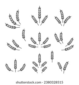 Flat Vector Agriculture Wheat Icon Set Isolated, Organic Wheat, Rice Ears. Design Template for Bread, Beer Logo, Packaging, Labels