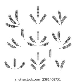 Flat Vector Agriculture Wheat Icon Set Isolated, Organic Wheat, Rice Ears. Design Template for Bread, Beer Logo, Packaging, Labels