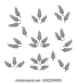 Flat Vector Agriculture Wheat Icon Set Isolated. Organic Wheat and Rice Ears. Design Template for Bread, Beer Logo, Packaging, Labels for Farming, Organic Produce, and Food Industry Concept