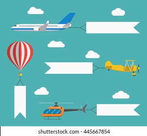 Flat vector airplane, helicopter, biplane and hot air balloon with flying advertising banners. Template for text. Concept for web banners, promotional and printed material