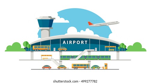 Flat vector airport building front illustration. Train line and automobile road coming to the terminal entrance. Airport transport system picture. Plane taking off in the distance.