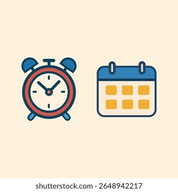 Flat vector alarm clock and calendar icon for school schedule, time management, back to school design, student planner, study plan, and academic event reminder