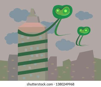 flat vector alien cartoon attack city