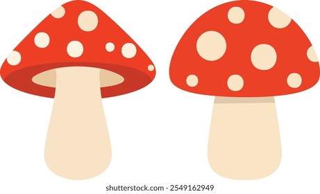  Flat vector Amanita mushrooms with red caps and white spots.