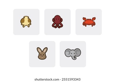 Flat Vector Animal Head Icon Pack - cuttlefish, rabbit, Elephant, Crab, Squid, octopus