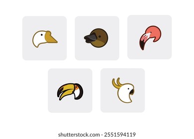 Flat Vector Animal Head Icon Pack - Duck, Flamingo, Peugeot, Swan, Tukan Toco