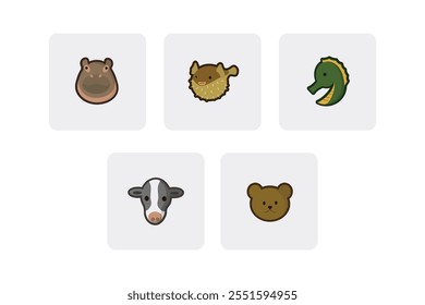 Flat Vector Animal Head Icon Pack - Puffer Fish, Fugu, Cow, Horse Fish, Bear, Hippo