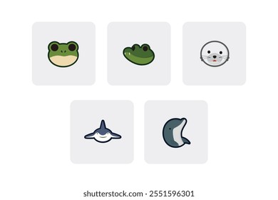 Flat Vector Animal Head Icon Pack - Frog Crocodile, Shark, Dolphin, Seals