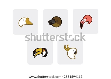 Flat Vector Animal Head Icon Pack - Duck, Flamingo, Peugeot, Swan, Tukan Toco