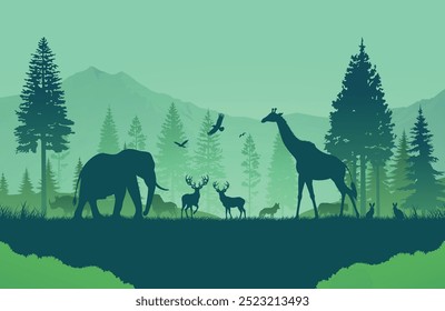 Flat vector of animals and trees in layered mountain landscape, ideal for conservation and wildlife awareness.